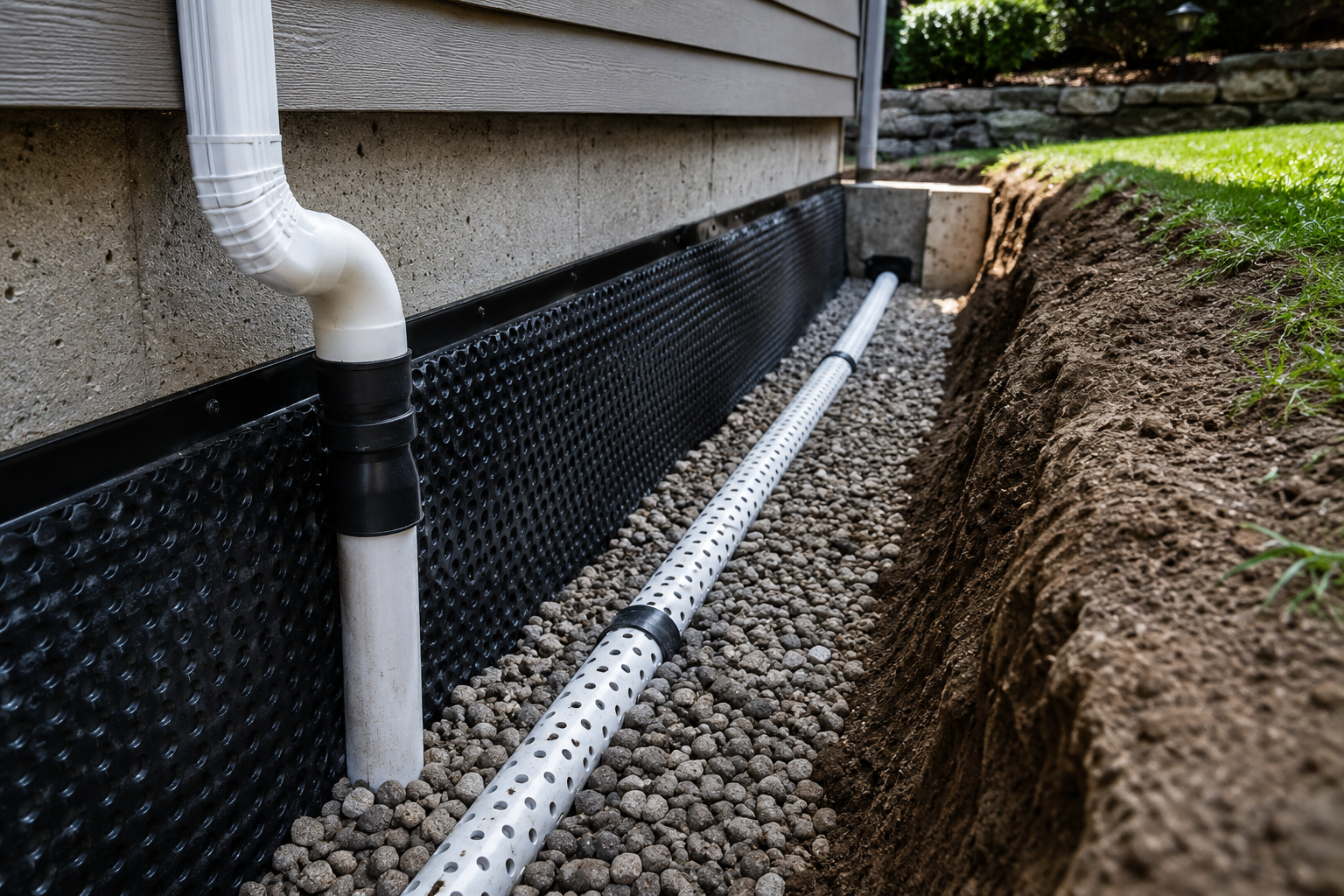 Foundation drainage and exterior moisture management system