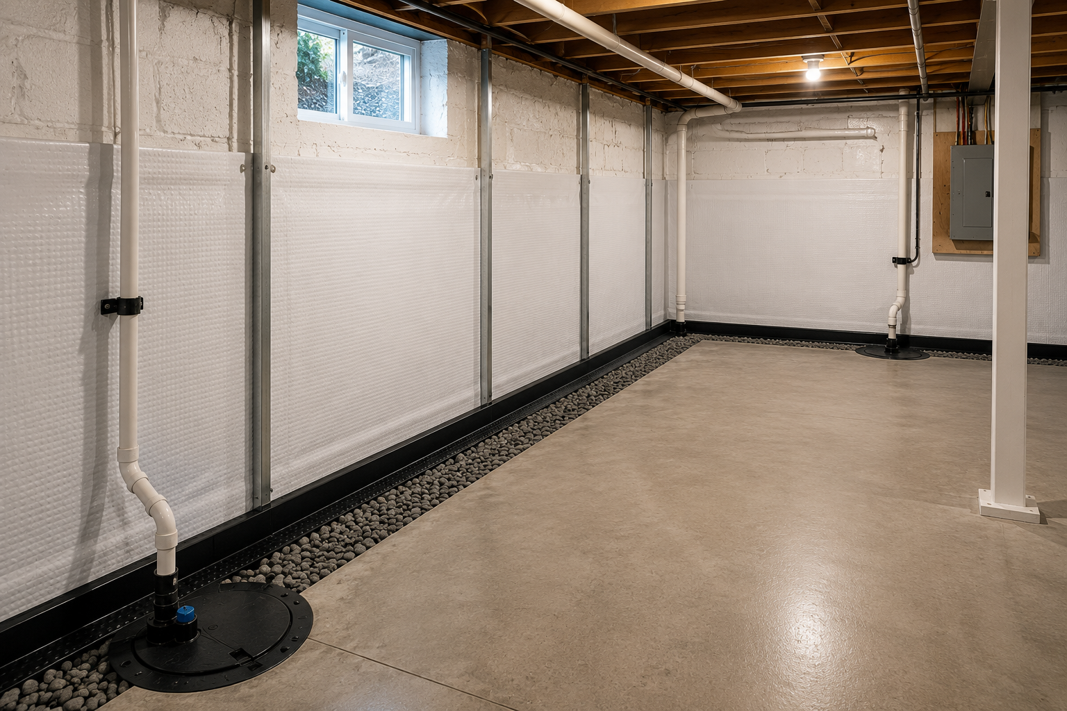Basement waterproofing and drainage system
